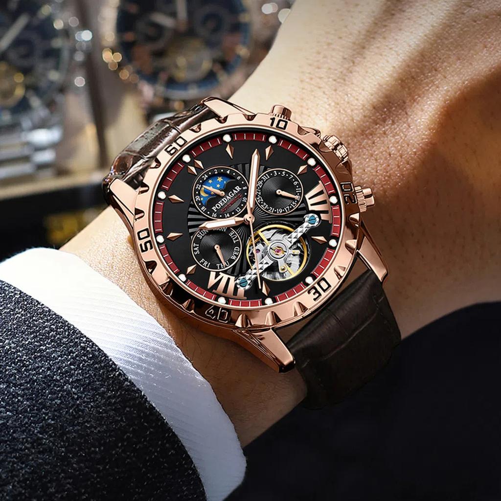Famous Brand Luxury Tourbillon Mechanical Watch for Men Waterproof Luminous Date Week Leather Hollow Watches Men's
