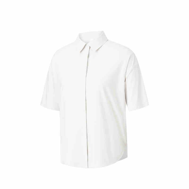 Anta Champion Серия Всепогодная Однотонная На пуговицах Удобная Дышащая Универсальная Рубашка с коротким рукавом Женская рубашки Бумажно-белый 162520105-2