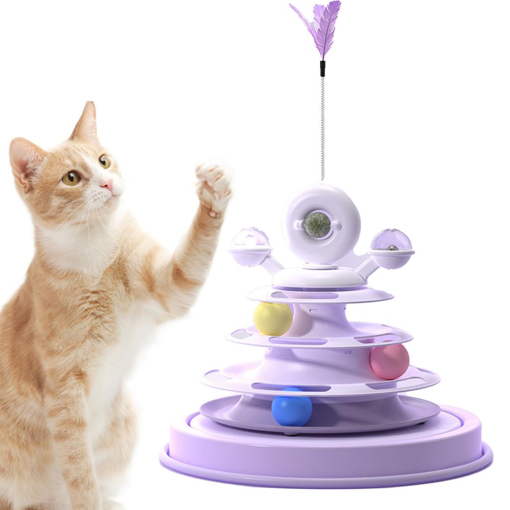 Cat Ball Tower Toy with Feather Catnip 4 Layer Rail Pet Turntable Game for Exercise Purple