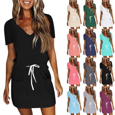 Женское летнее повседневное модное однотонное платье с V-образным вырезом и короткими рукавами на шнуровке