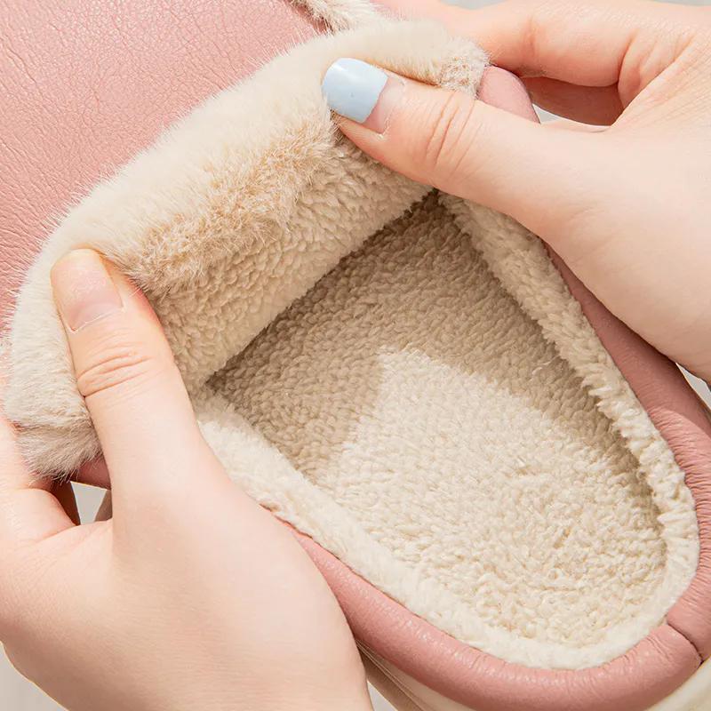 WTEMPO Пара ПУ толстый плоский каблук плюшевые теплые домашние тапочки искусственная кожа закрытый носок осенне-зимние хлопковые тапочки