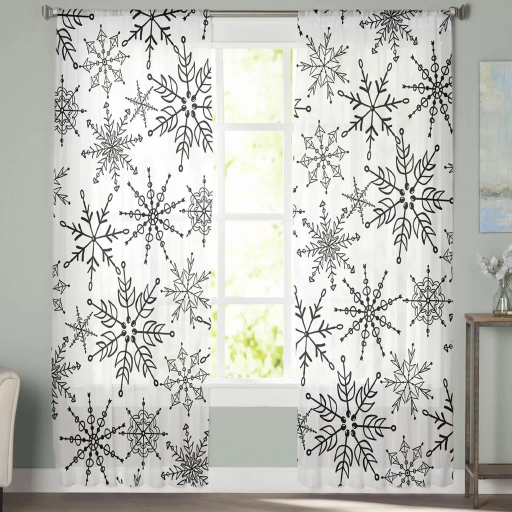 Hand Drawn Snowflake Tulle Curtains Living Room Kitchen Chiffon Curtain Bedroom Balcony Sheer Curtain Fashion Home Decor