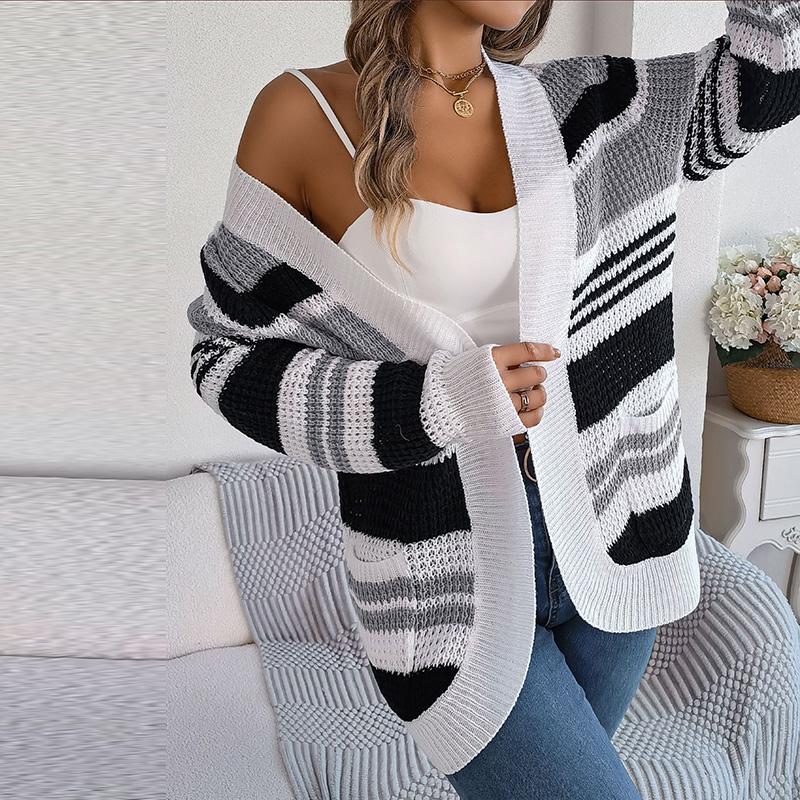 Женский осенне-зимний повседневный свитер в контрастную полоску с карманом и длинным рукавом, кардиган, пальто