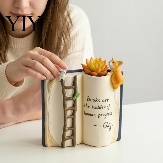 Artistic Reading Lover Gift Book Shaped Flower Pot, Creative Planter with Ladder Puppy And Bird Design for Versatile Balcony Decoration Succulents