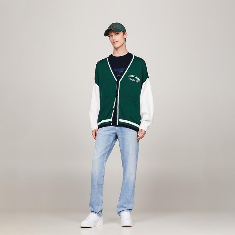 Tommy Hilfiger Хлопковый вязаный свитер в ретро-стиле колледжа, с цветными блоками, вышивкой, свободный, с V-образным вырезом, унисекс, зеленый, белый DM0DM18366