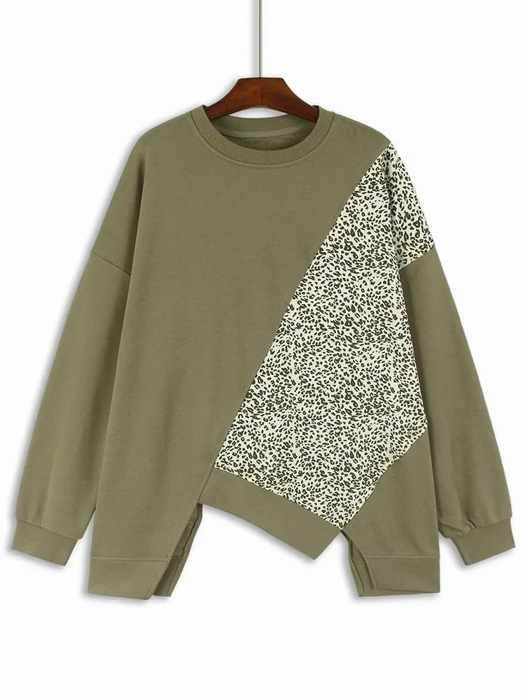 Xitao Леопардовый принт пэчворк асимметричная толстовка ZYY1020