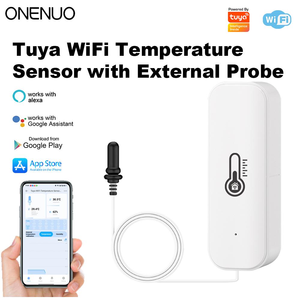 ONENUO Tuya WiFi Humidity Temperature Sensor with External Probe LCD Thermometer for Smart Home APP Monitoring for Refrigerator