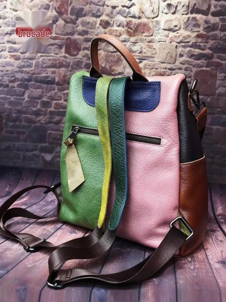 Ретро Кожаная Пэчворк Цветной Блок Сумка для Телефона и Рюкзак с Двойным Ремешком