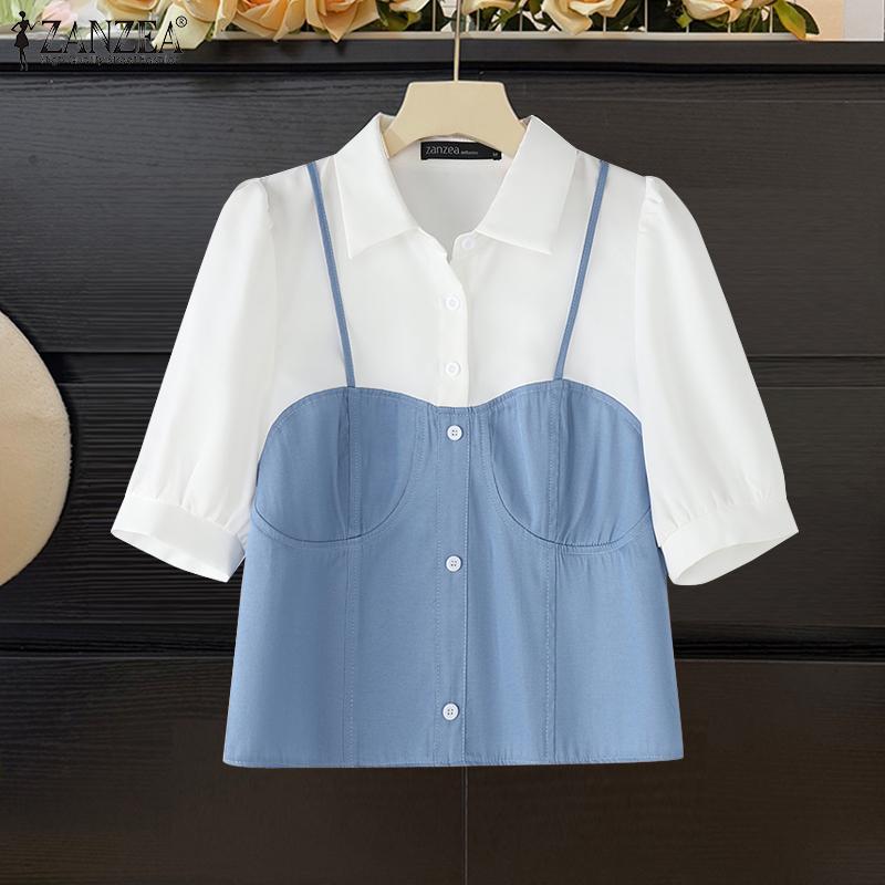 ZANZEA Women Casual Turn Down Collar Patchwork Short Sleeve Blouse