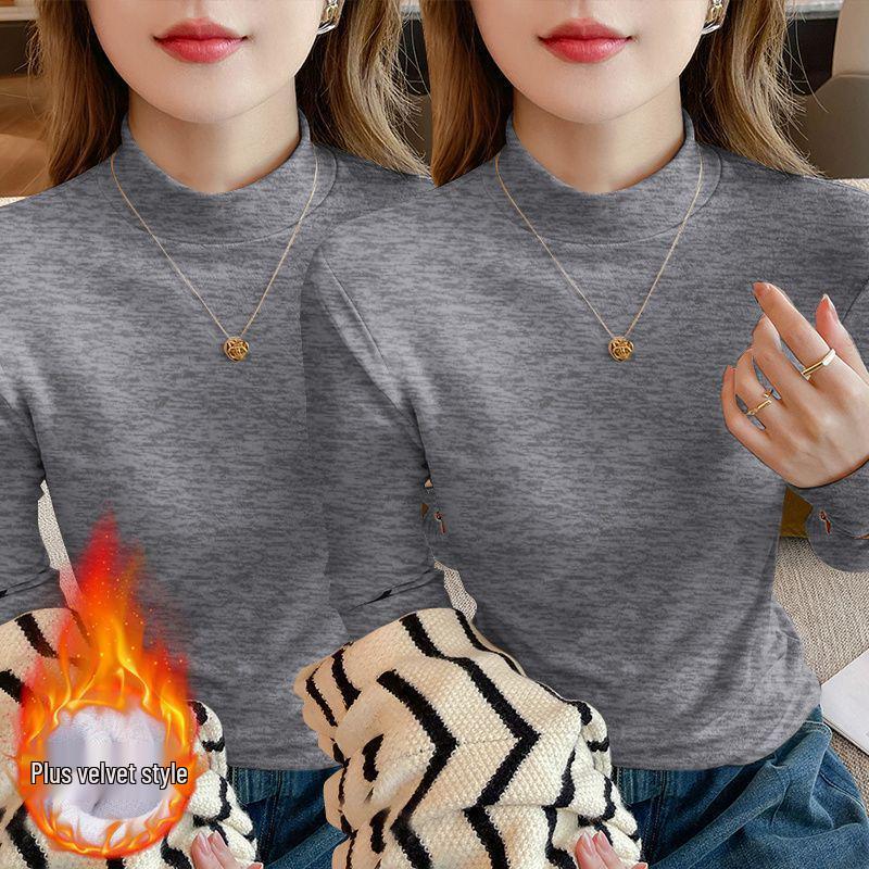 Осень 2025 Большой размер Приталенный Топ-база с длинным рукавом Свободный для женщин с воротником-стойкой