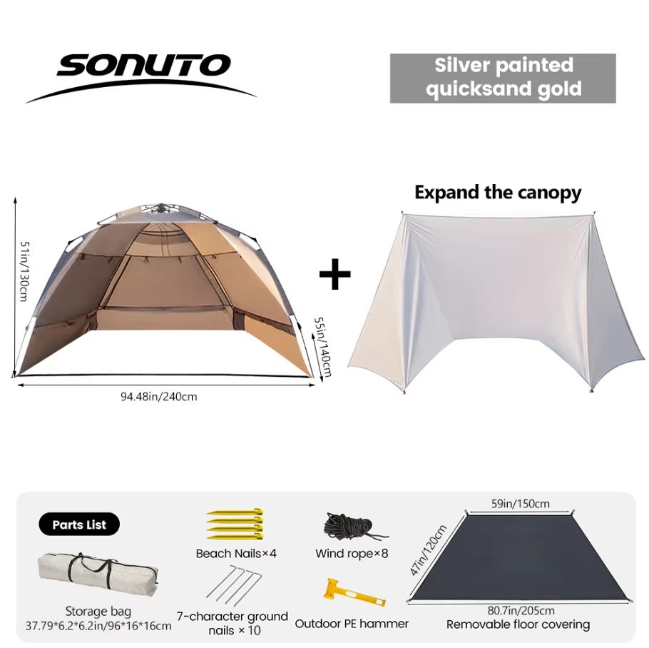 Sonuto Outdoor 3-4P One-Touch Camping Tent Quick-Automatic Opening Beach Fishing Tent Family Travel Picnic Park Anti-UV Shadow