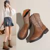Retro Embroidered Western Cowboy Boots for Women Autumn and Winter Round Toe Low-heeled Boots with Zipper