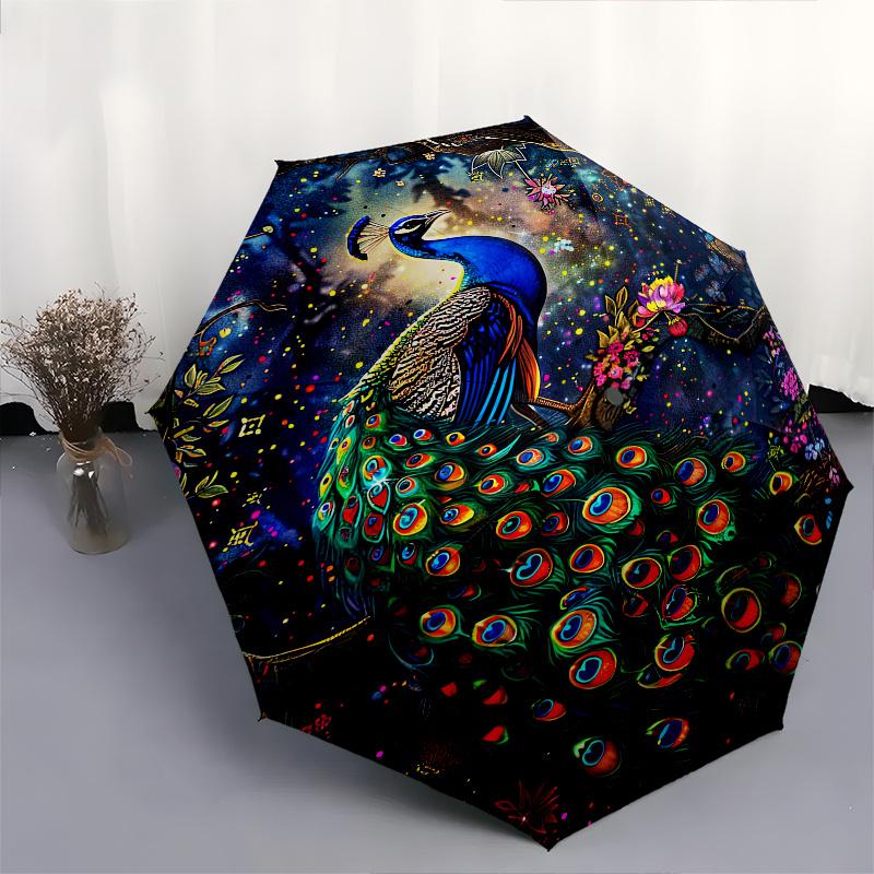 Peacock Fantasy Theme 8 Bone Hand Automatic Folding Umbrella, Compact and Portable Design, A Perfect Gift for Birthday, Christmas or Busines
