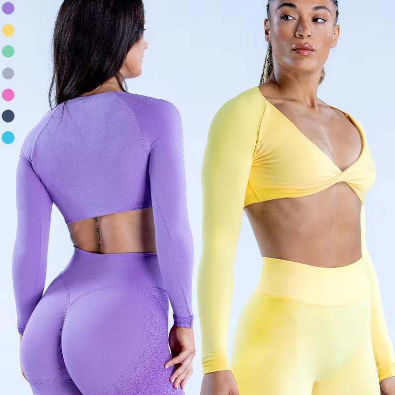Womens Long Sleeve Yoga Top Deep V-Neck Crop Twist Knot Fitness Workout Shirt Breathable Stretch