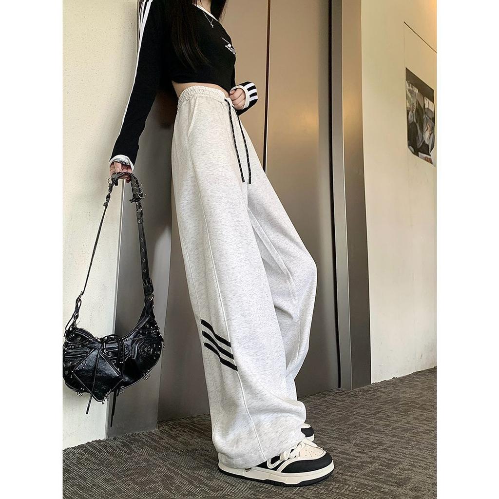 Drawstring Striped Casual Pants for Women In Spring and Autumn New Straight Sports Sweatpants Loose Wide-leg Trousers