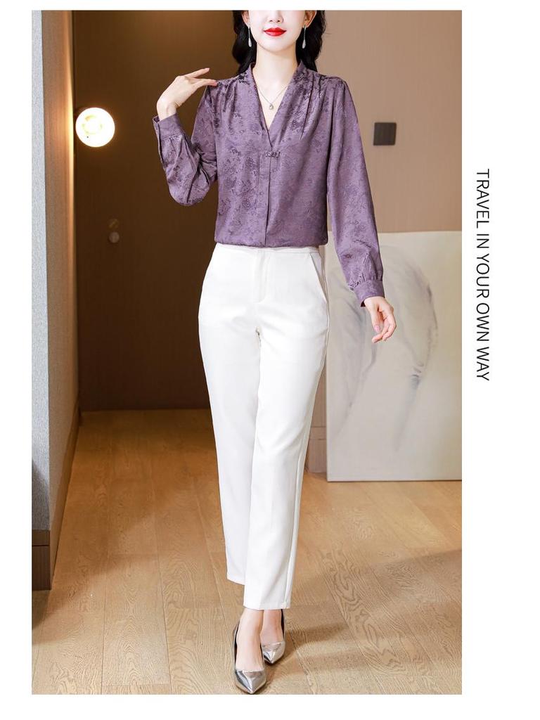 Женская зеленая рубашка из искусственного шелка Ханчжоу: Китайский стиль, длинный рукав, свободный крой, удобный и дышащий атласный топ.