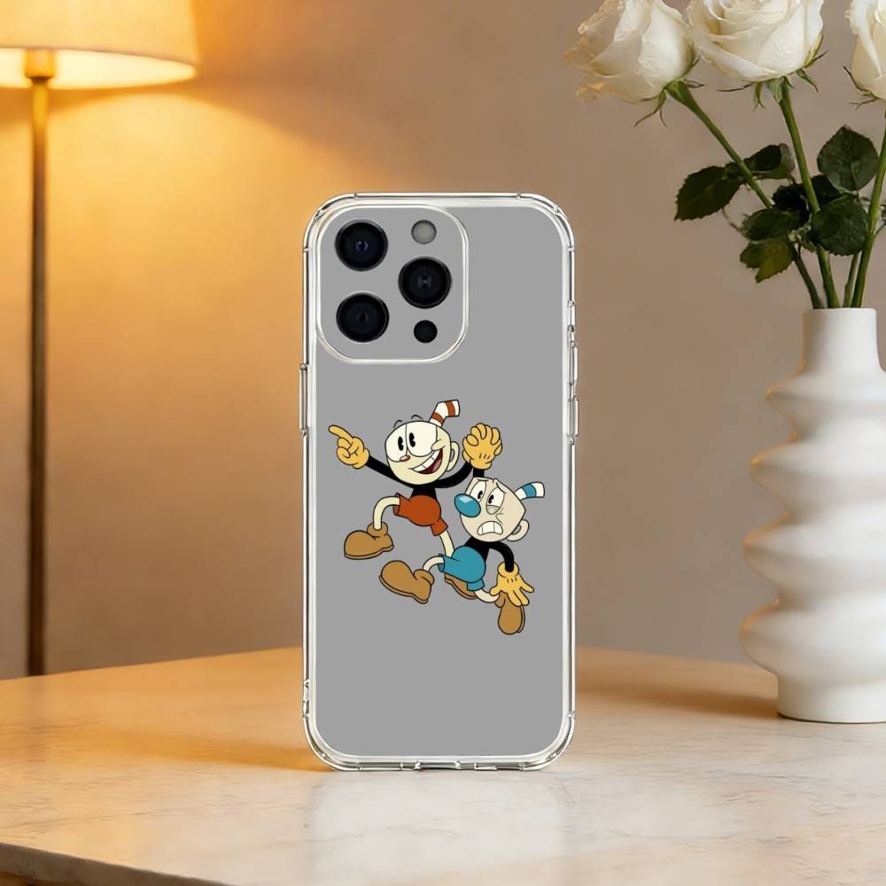 Cute CupHead And MugMan Phone Case For iPhone 17 16 15 14 13 12 11 Mini Pro Max Plus Transparent Cover