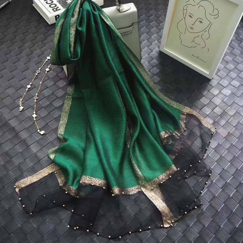 Новый шарф для женщин, тонкий, с бисером, однотонный, шаль, шарф из марли с золотой нитью, персонализированный, шарф из искусственного шелка, весна и осень