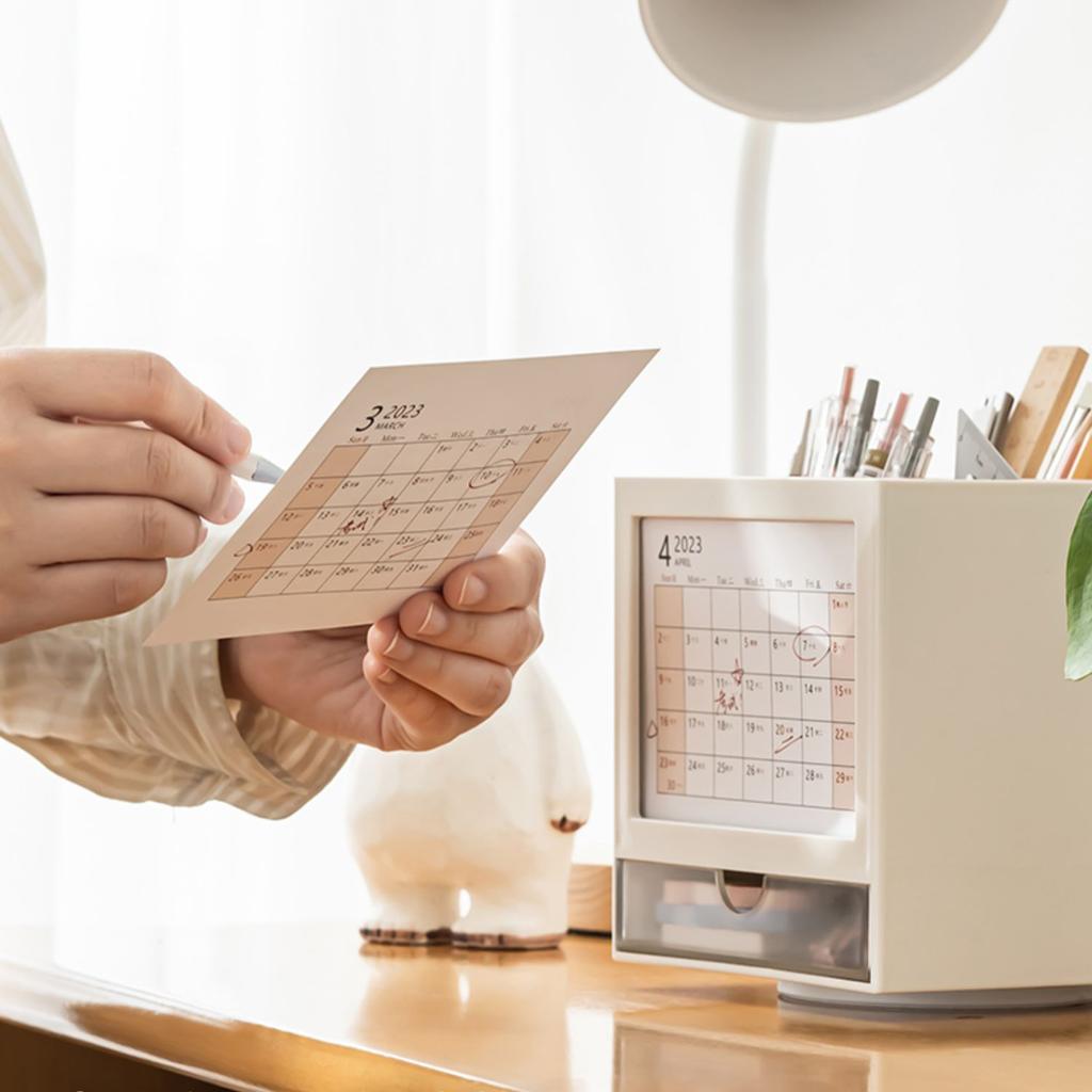 Креативный вращающийся на 360 ° держатель для ручек с настольным календарем, настольный органайзер для канцелярских принадлежностей, большой вместительный ящик для хранения карандашей, школьный офис