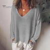 Women T-shirt V-Neck Long Sleeve Loose Fit Tee Shirt Solid Color Breathable Casual Pullover Tops Daily Wear