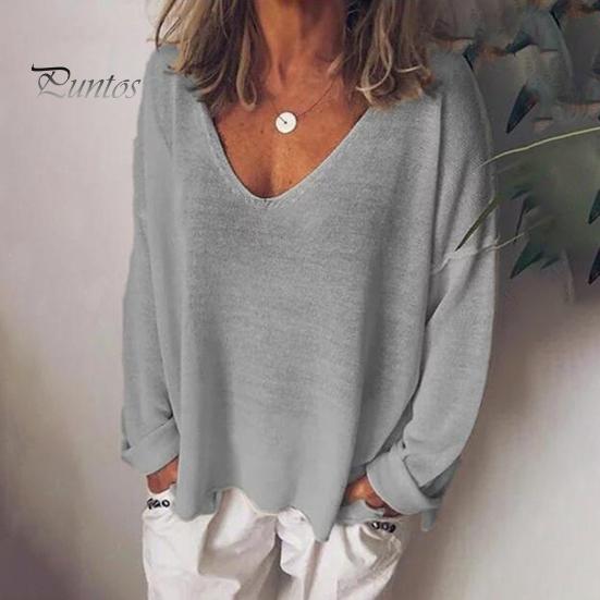 Women T-shirt V-Neck Long Sleeve Loose Fit Tee Shirt Solid Color Breathable Casual Pullover Tops Daily Wear