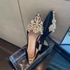 Black New Crown Pearl Flats Women Wedding Shoes Pointed Toe Female Dress Moccasins Low Pearl Heel Ladies Luxury Style 43