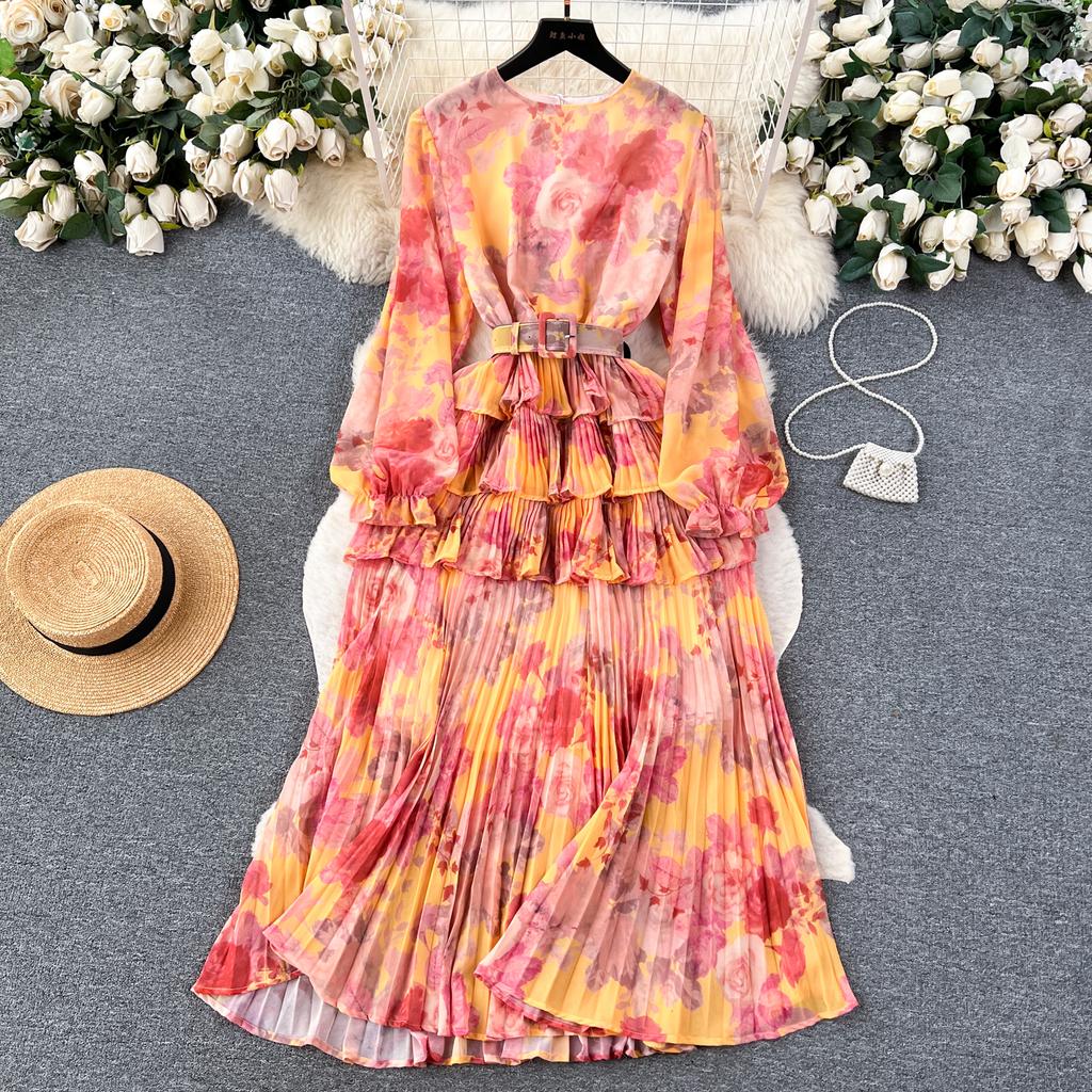 Новое осеннее элегантное женское платье с круглым вырезом и принтом в стиле пэчворк, складками и оборками, с длинными рукавами и высокой талией