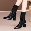 Женская обувь Новый стиль Толстый каблук Эластичная ткань Женские ботинки Зима Новые Острый носок Молния Модные Ботильоны на высоком каблуке Женские