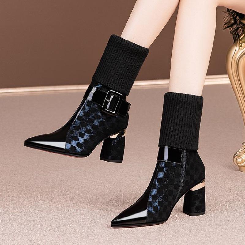 Женская обувь Новый стиль Толстый каблук Эластичная ткань Женские ботинки Зима Новые Острый носок Молния Модные Ботильоны на высоком каблуке Женские