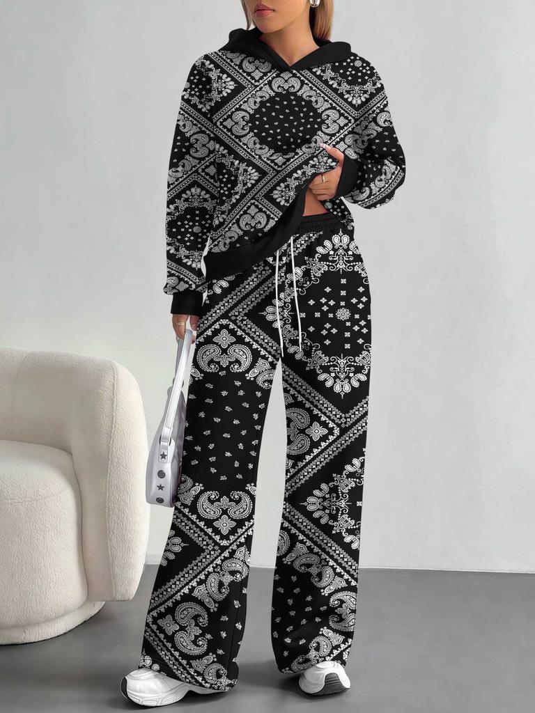 Retro Pattern European And American Autumn And Winter Casual Long-Sleeved Suit Women'S Hooded Sweater Trousers Two-Piece Set