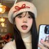 Bow Plush Knitted Beret Female Autumn and Winter Warm Sweet Sister Wool Hat Show Face Small Bud Hat Tide