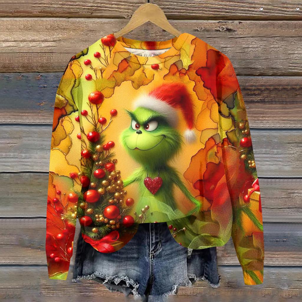 Ladies' Christmas Greentown Print Casual Long Sleeved Round Neck Sports Hoodie Top