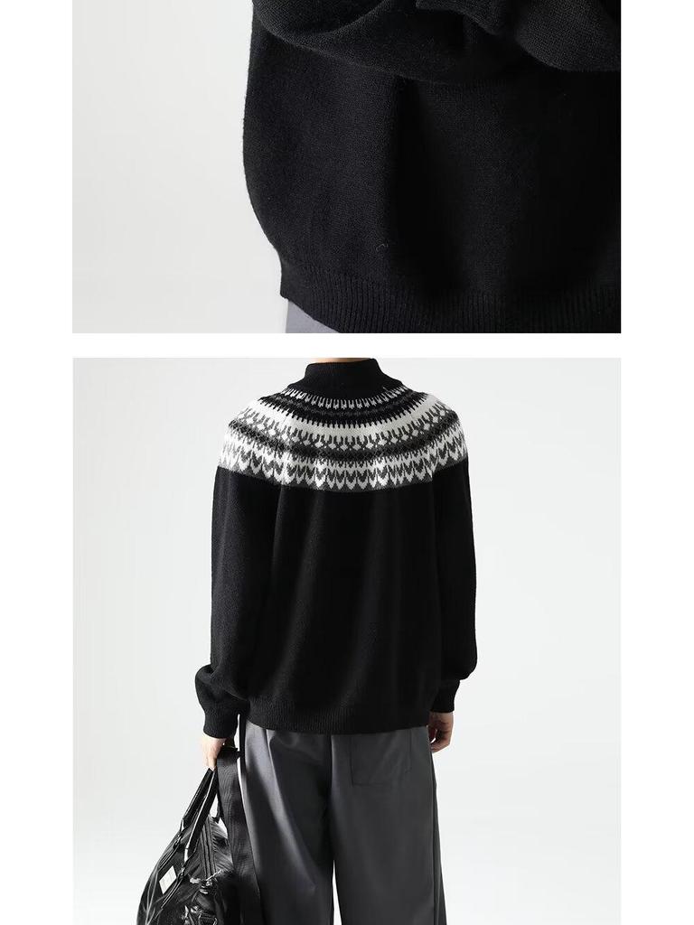 Мужской ретро вязаный свитер с жаккардовым узором и молнией на половину - Осенне-зимний стиль