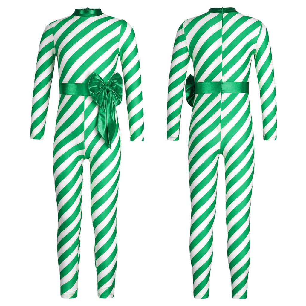 Kids Girls Candy Cane Striped Christmas Costume Long Sleeve Bow-knot Long Bodysuit Dance Jumpsuit Costume Dancewear