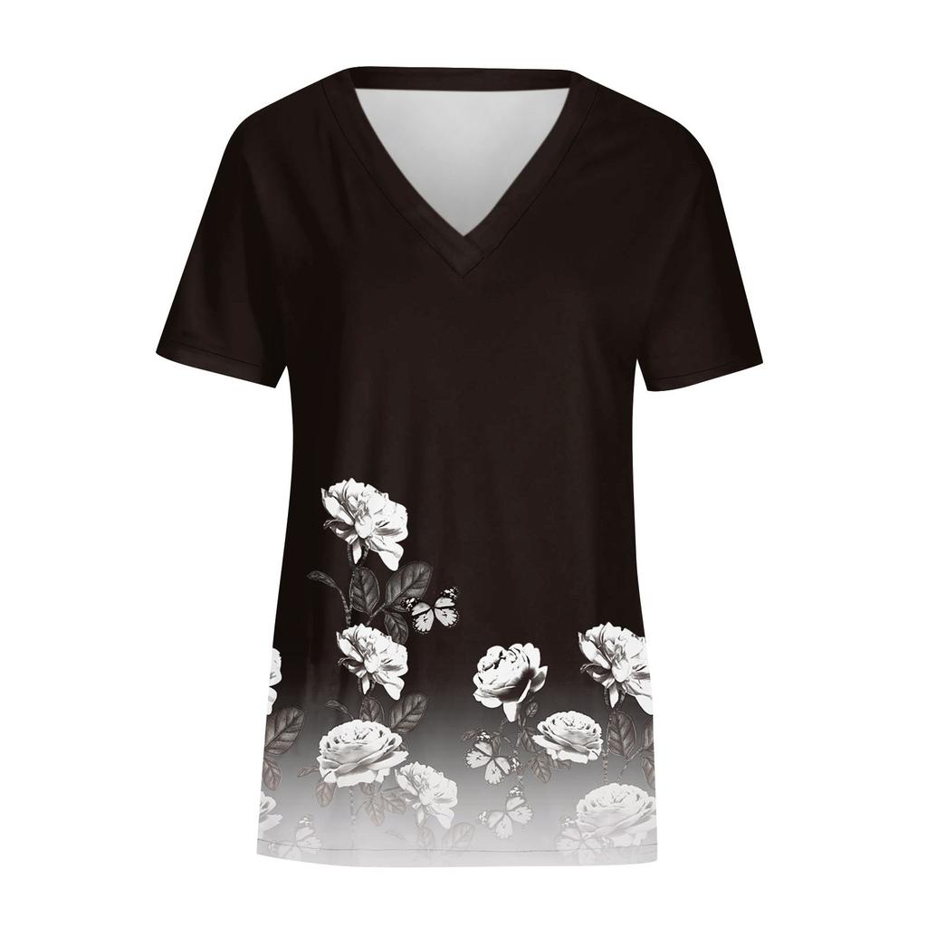 Women's Fashion Casual Print V-neck Short Sleeves Printed T-shirt