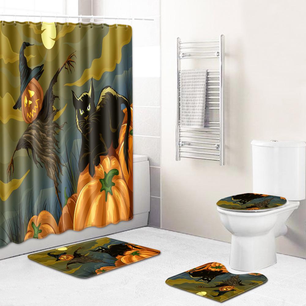 Halloween Series Bathroom Shower Curtain Floor Mat Toilet Cover Foot Mat Four-Piece Pattern Size