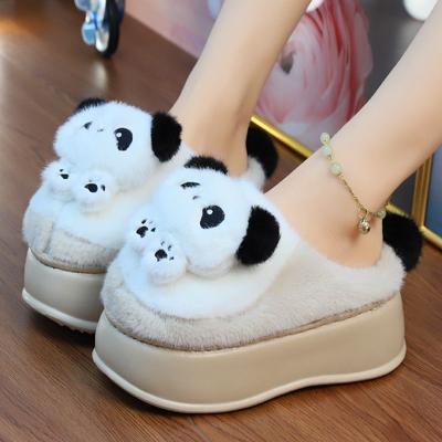 Новое поступление женские тапочки на толстом каблуке из ЭВА, милые тапочки в виде панды, зимние теплые пушистые женские домашние тапочки, забавная обувь