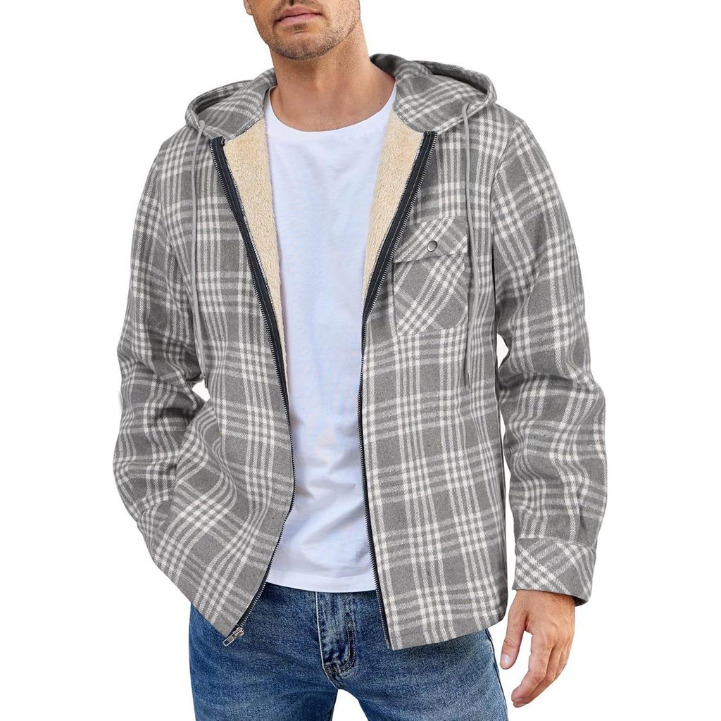 Мужская клетчатая рубашка на стеганой подкладке на пуговицах с бархатной теплой курткой с капюшоном