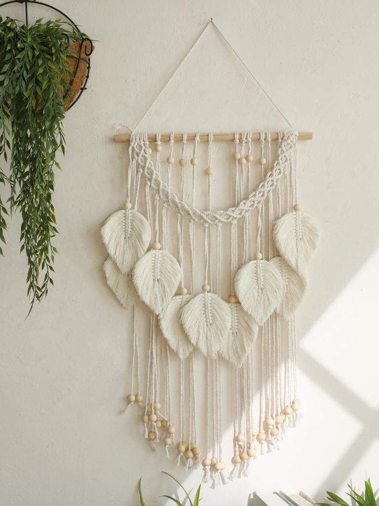 Boho Handwoven Art Tapestry with 9 Leaves and Wooden Beads, Country Wall Decor Tapestry, Nursery, or Dorm Room,  Decor Aesthetic