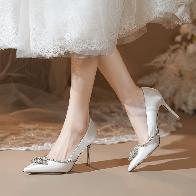 White Rhinestone High-heeled Shoes for Women 2025 New Pointed Thin Heel Satin French Wedding Dress Single Shoes Zaptos Mujer