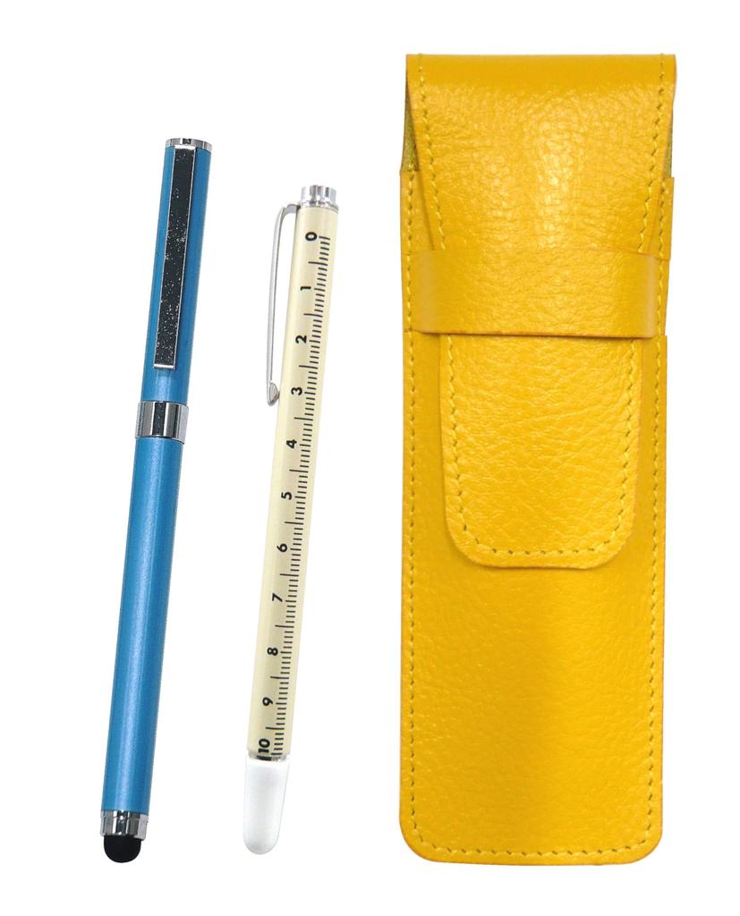 Yellow Grained Leather Pen Case with Slide Measuring Smartphone Touch and Metal Cap Ballpoint Pen Extra Set Two-Pack Stick, Pen, (Blue)