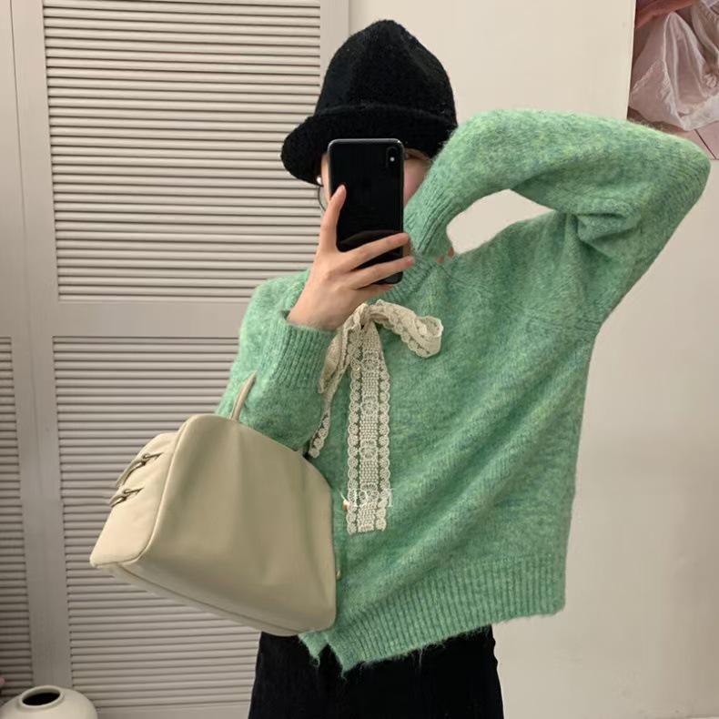 Korean Style Lace-Up Round Neck Sweater Coat - Women's Autumn/Winter Loose-Fit Knitted Cardigan