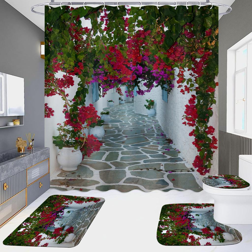 4 шт., наборы занавесок для душа в европейском стиле с архитектурой замка Мандала для ванной комнаты, нескользящие коврики для ванной комнаты, крышка для унитаза, коврик для ванной