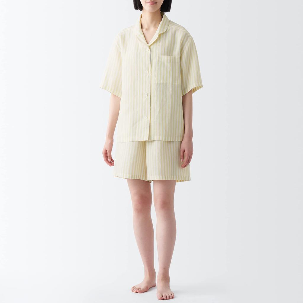 MUJI Natural Lyocell Linen Pajamas FDB06A3S Light Yellow Stripe Size S Cool-to-the-Touch Short-Sleeve Women's