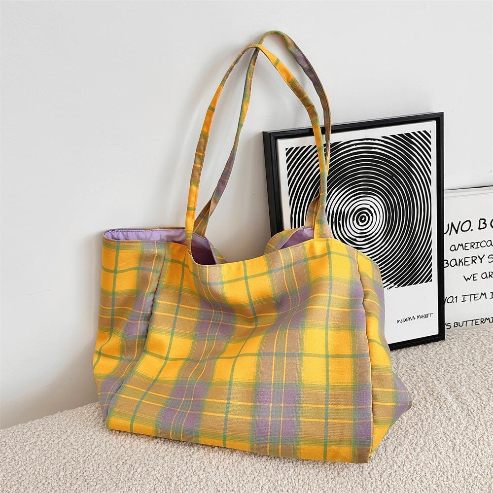 Travel Canvas Tote Bag Korean Style Women Handbag Fashion Plaid Shoulder Bag  Girls