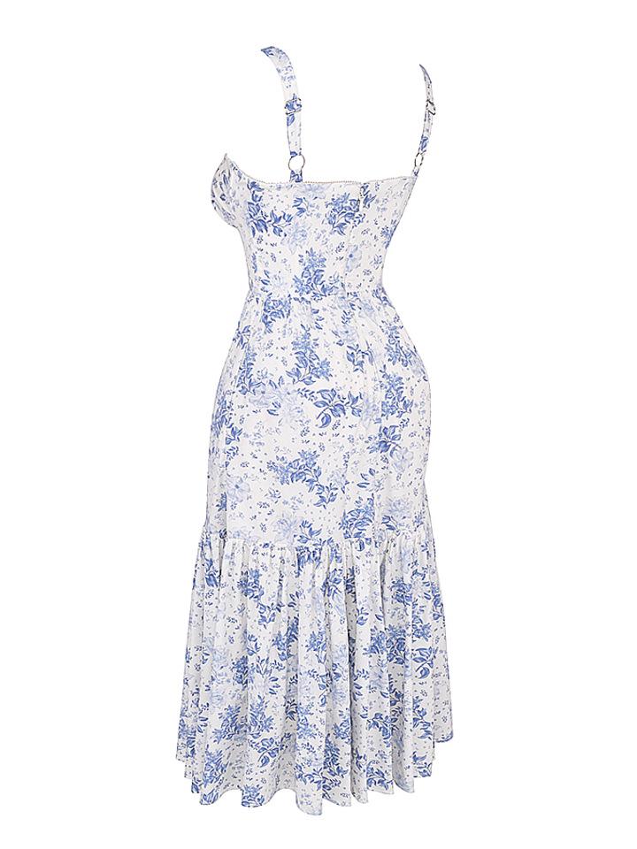 Платье-трапеция в пасторальном стиле с цветочным принтом 2023 года, подтяжками и короткими рукавами