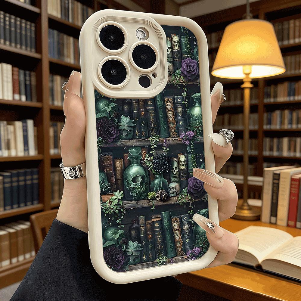 Готический книжный шкаф Черепа и розы Чехол для телефона для iPhone 17 16 15 14 13 12 11 Pro Max Plus Защитный, Гелевый, Гибкий, Защита от царапин