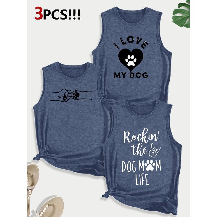 Dog Lover Paw Print Combination Gift Printed Pattern Round Neck3Pack of sleeveless vests for women in spring, summer, and autumn