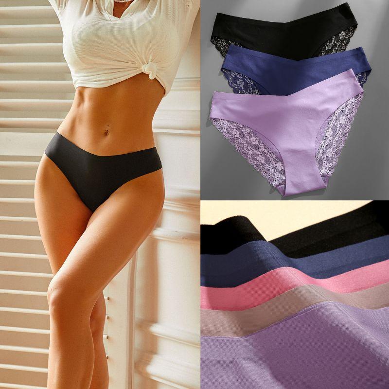 FINETOO Seamless Panty Lace Sexy Comfortable Briefs for Woman Low-waist Ice Silk Panties for Girl