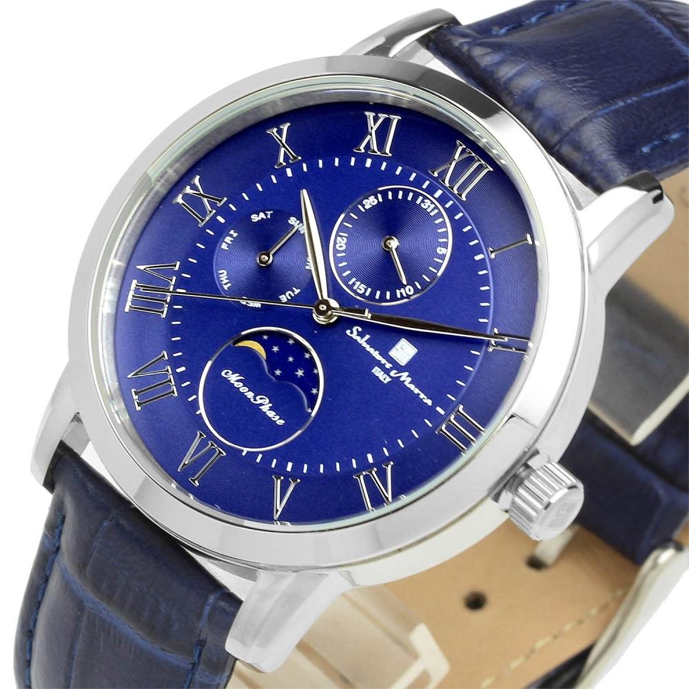 [Salvatore Mara] Watch Moon Phase Multi Calendar 5 ATM Water Resistant Business Formal Men's Leather Belt Limited Model Silver Blue SM21106-SSBL